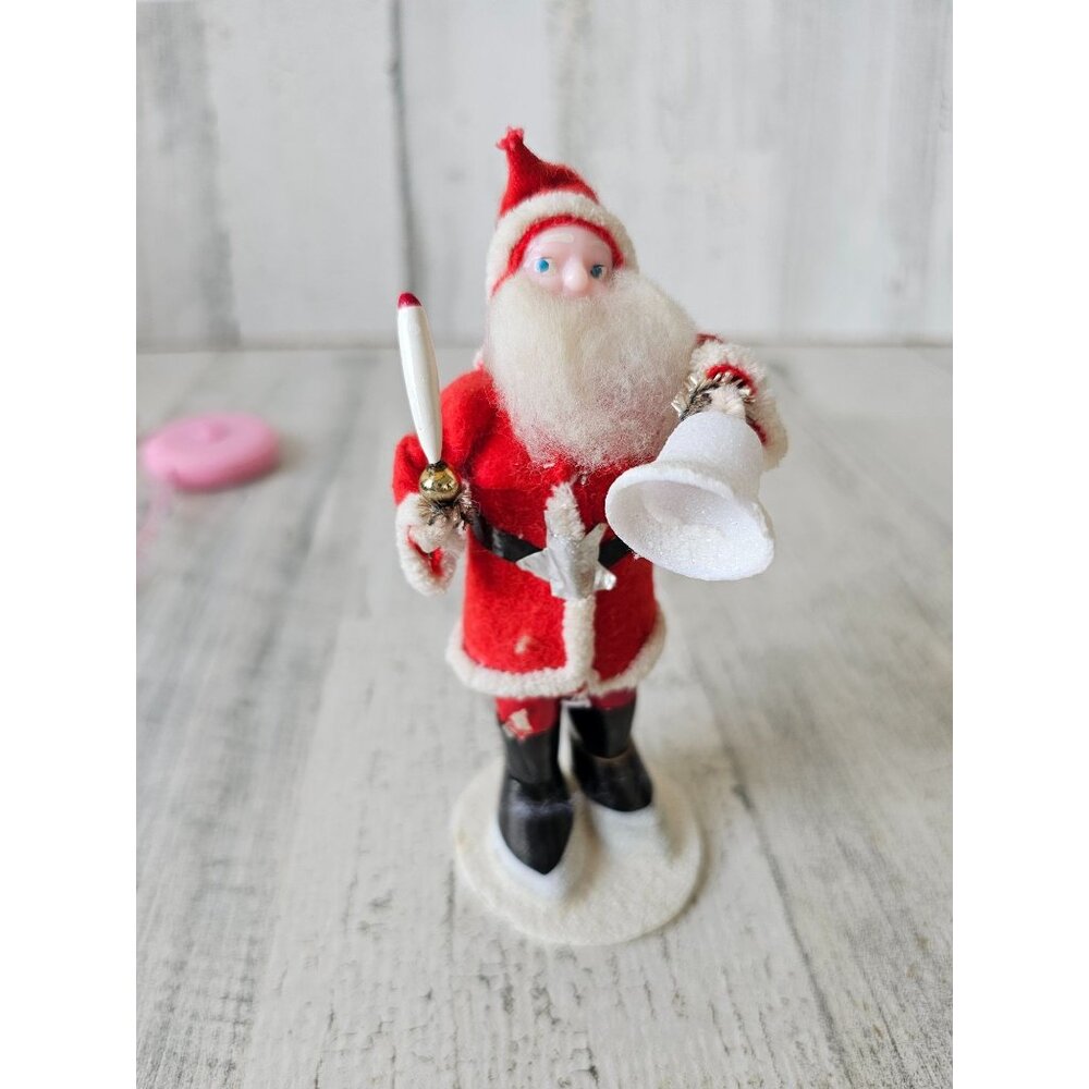 Antique putz Santa Bell candle mini plastic felt decor sparkle shabby chic Xmas